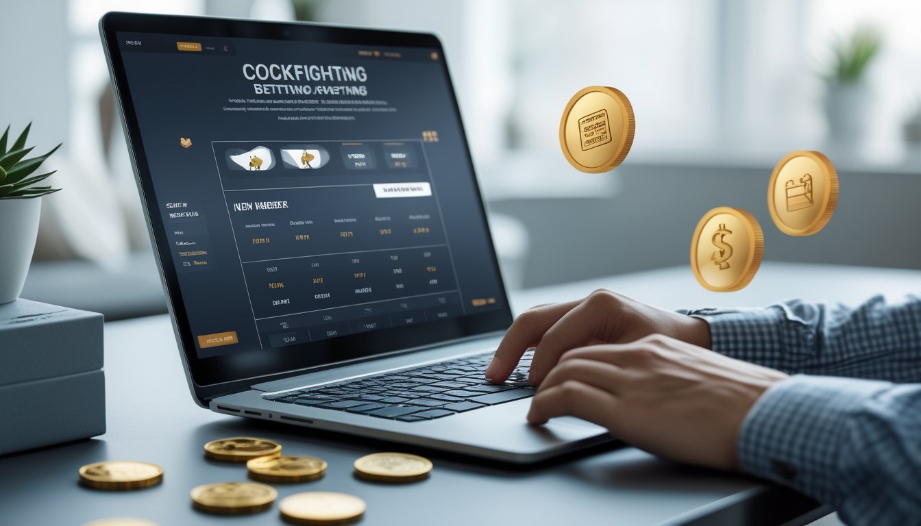 Seorang pengguna sedang mengoperasikan laptop dengan tampilan platform taruhan sabung ayam dan simbol bonus di meja kerja.