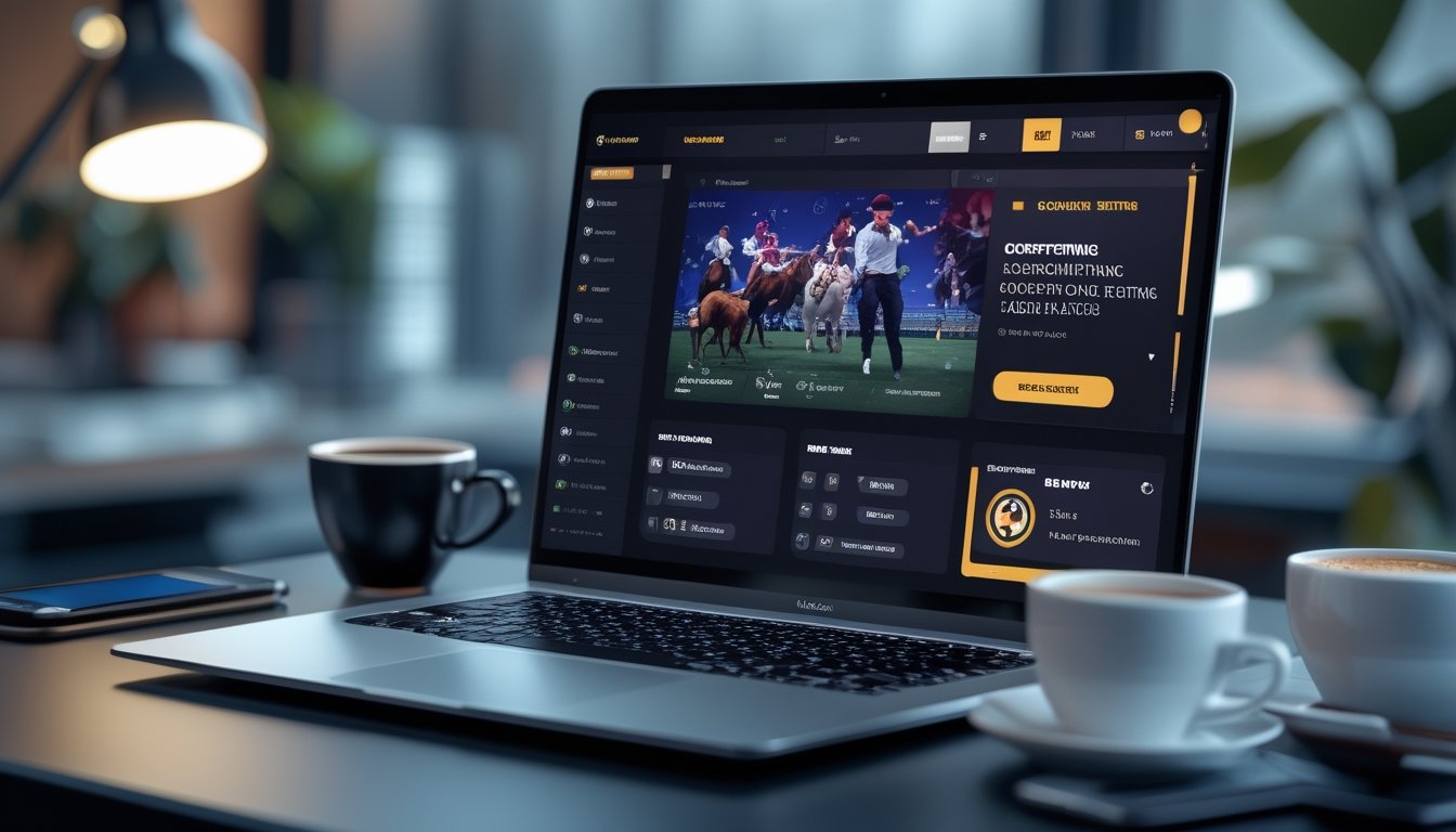 Seorang pengguna melihat layar laptop yang menampilkan antarmuka platform taruhan sabung ayam online dengan suasana ruang kerja yang rapi.