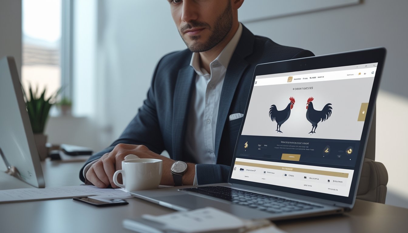 Seorang pria duduk di meja dengan laptop, fokus pada layar yang menampilkan platform digital terkait taruhan sabung ayam.