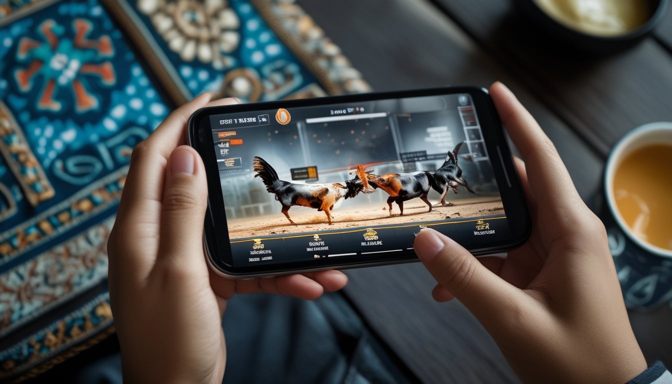 Seseorang menggunakan ponsel pintar dengan tampilan pertandingan sabung ayam secara digital, di latar belakang terdapat motif batik dan tekstur kayu.