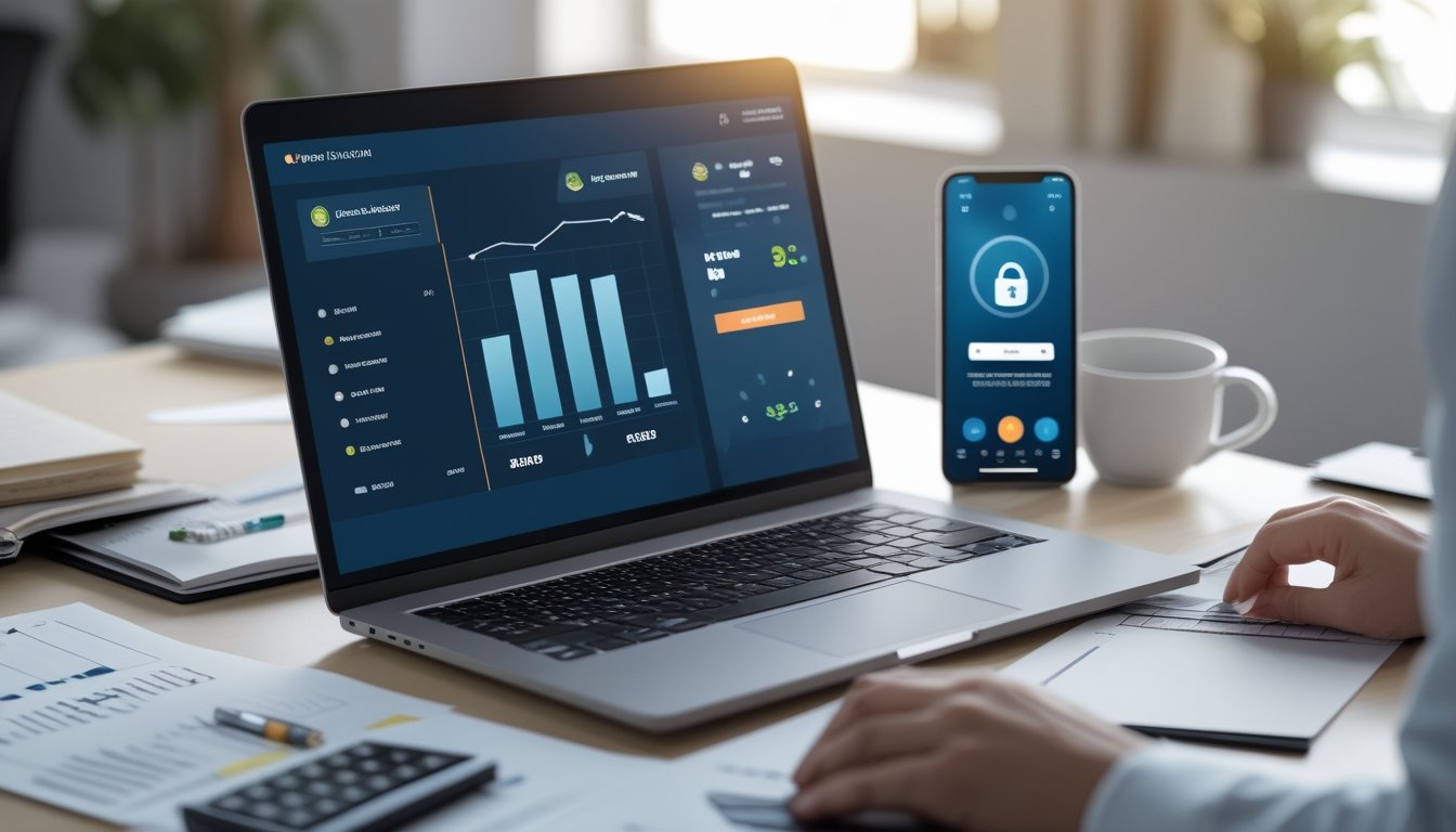 Seseorang sedang menggunakan laptop dan smartphone di meja kerja untuk melakukan transaksi keuangan dengan dokumen dan alat tulis di sekitarnya.