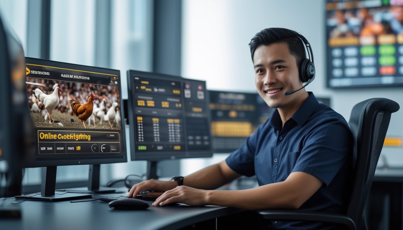 Seorang agen layanan pelanggan pria mengenakan headset duduk di meja kantor modern dengan beberapa monitor komputer menampilkan data taruhan online sabung ayam, tersenyum dan berinteraksi dengan klien.