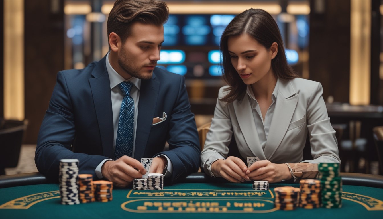 Dua orang profesional sedang berdiskusi di meja kasino dengan kartu dan chip poker.