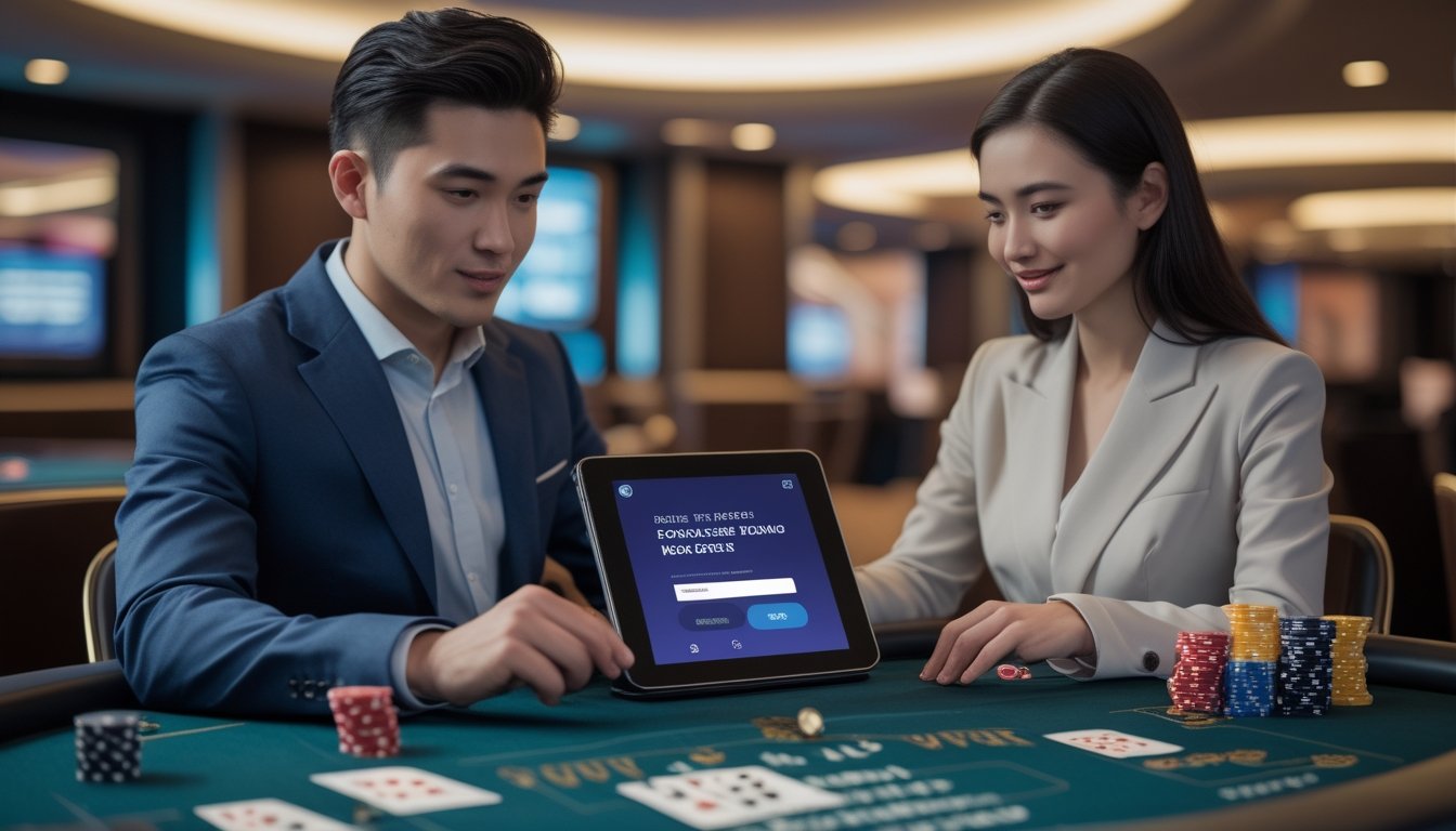 Seorang pria dan wanita duduk di meja kasino dengan chip poker dan kartu, melihat layar tablet yang menampilkan platform taruhan online yang aman.