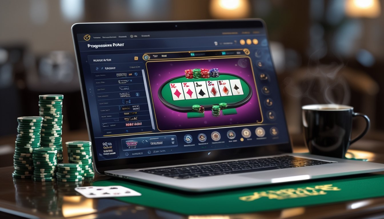 Seorang pemain sedang bermain poker progresif secara online di depan komputer dengan tumpukan chip dan kartu di meja.