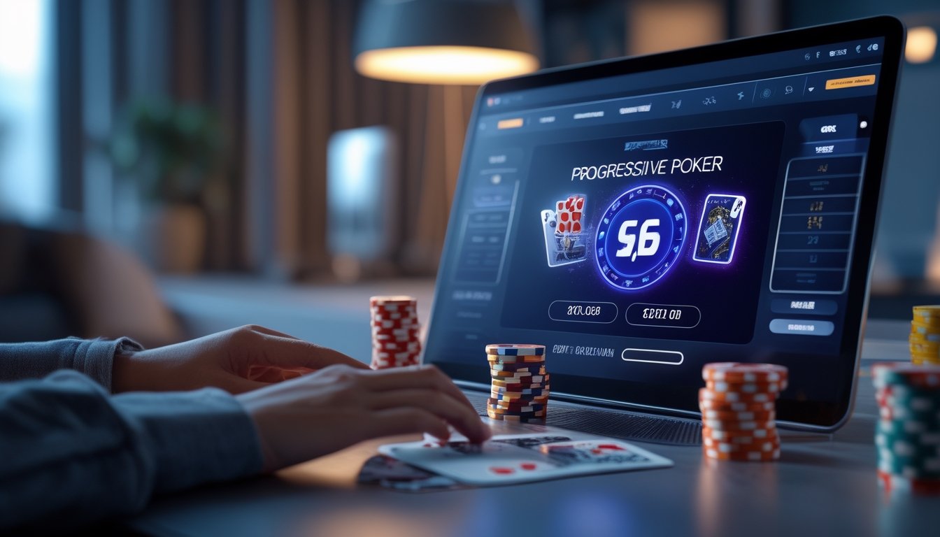 Sebuah layar komputer menampilkan permainan poker progresif dengan tumpukan chip dan kartu remi di meja, di dalam ruangan yang nyaman dan modern.