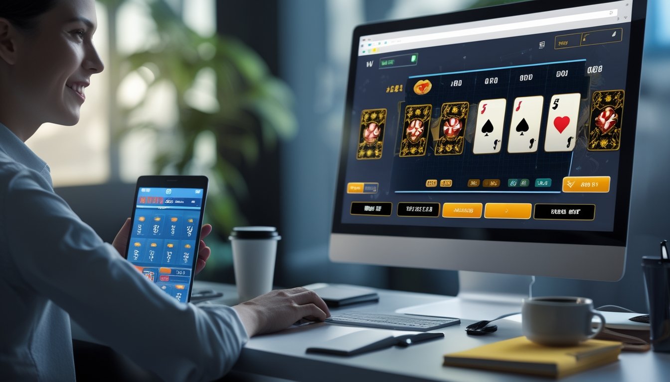 Seorang pemain yang fokus bermain Casino War Poker di depan layar komputer dengan kartu dan chip di meja.