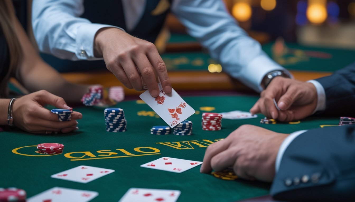 Meja kasino dengan kartu poker dan tumpukan chip, tangan dealer membagikan kartu kepada pemain.