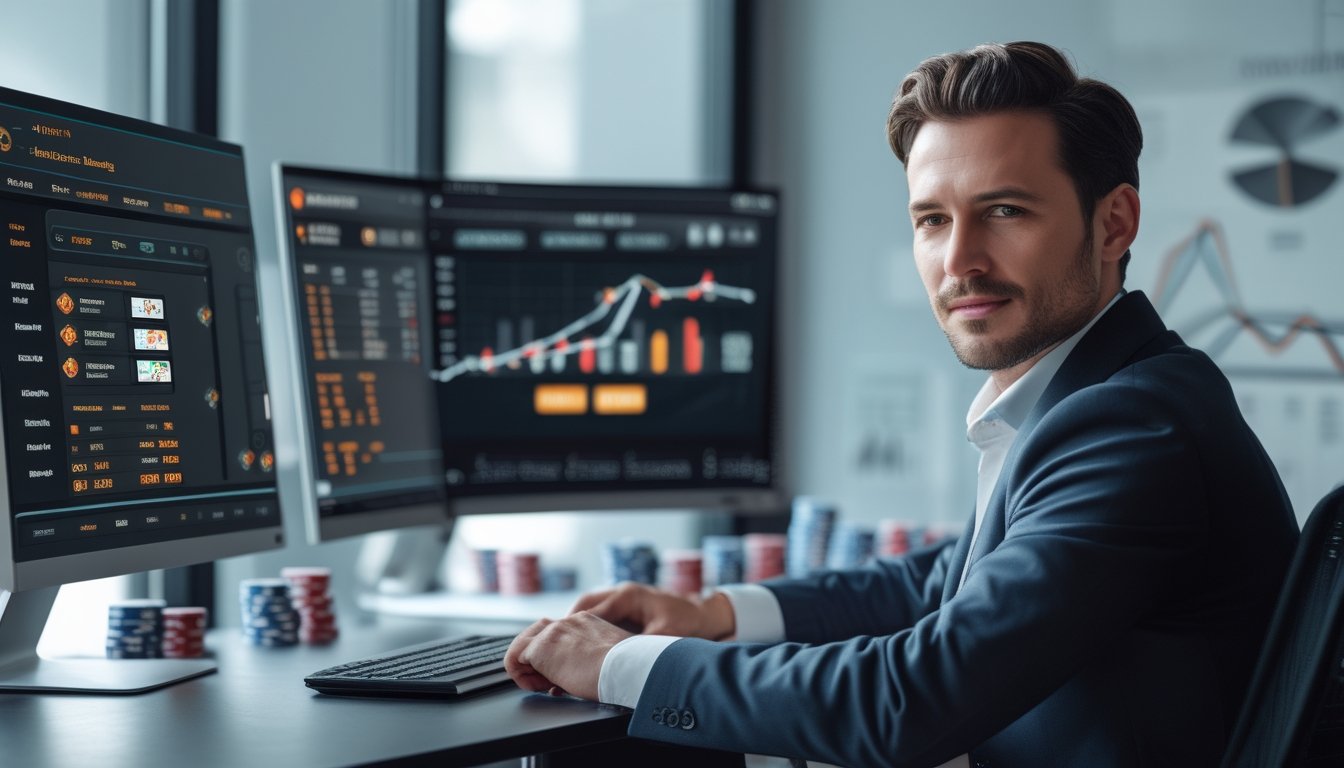 Seorang profesional duduk di depan komputer dengan layar yang menampilkan kartu poker dan grafik taruhan.