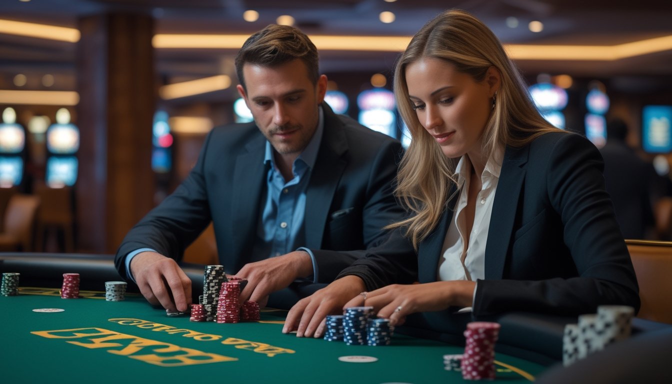 Dua pemain kasino sedang bermain poker Casino War di meja kasino dengan kartu dan chip poker.
