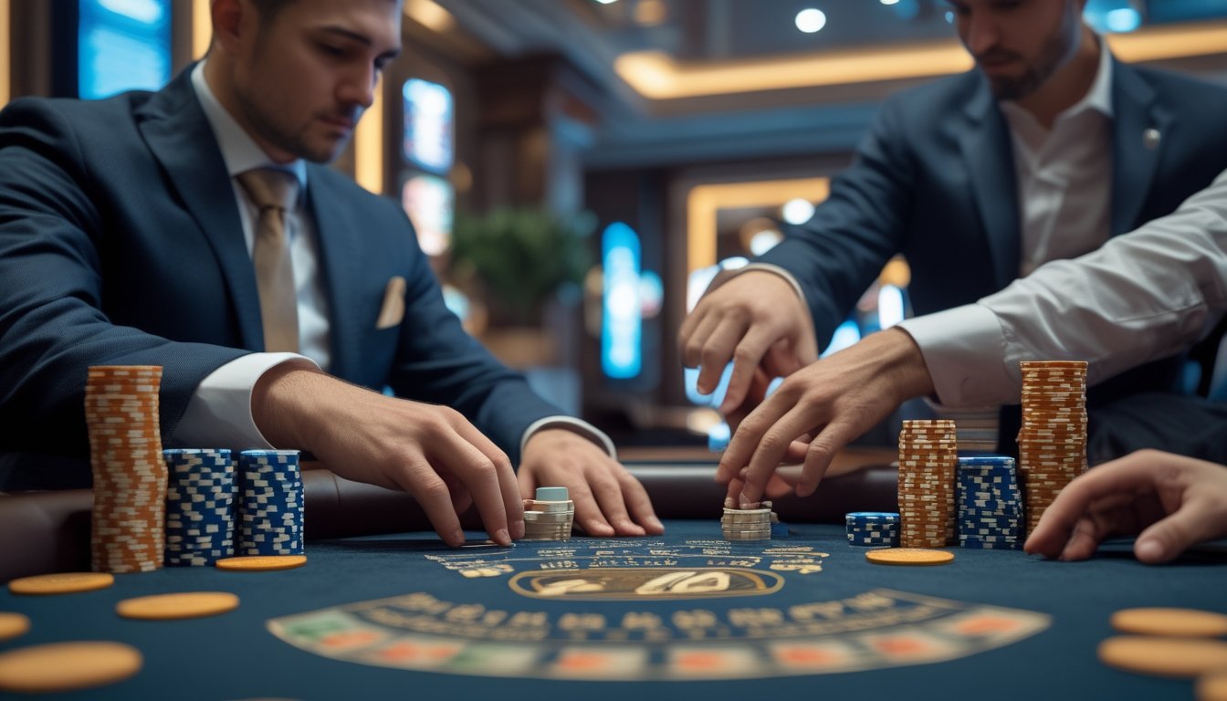 Seorang dealer di meja poker kasino yang dikelilingi oleh kartu dan chip poker dengan latar belakang interior kasino yang elegan.
