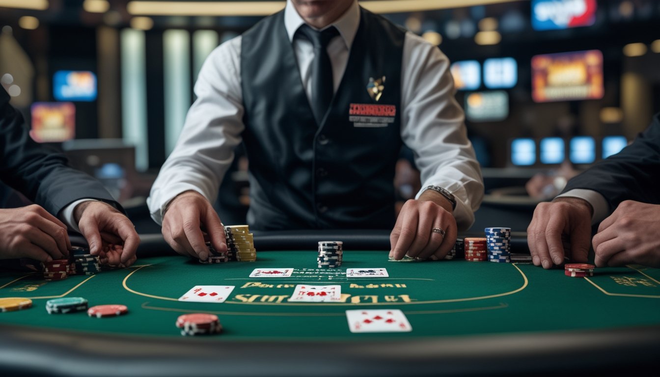 Meja poker dengan chip dan kartu yang sedang dibagikan oleh dealer di kasino modern.