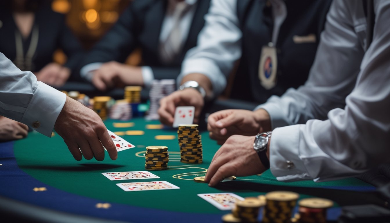 Meja poker dengan dealer dan pemain yang sedang bermain kartu di kasino.