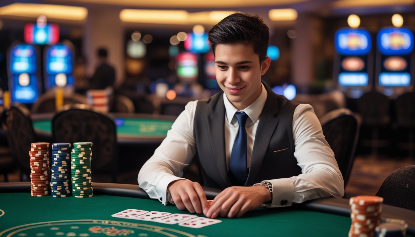 Seorang pemain muda duduk di meja poker di kasino, memegang kartu dengan tumpukan chip di depan dan suasana kasino yang hangat di latar belakang.