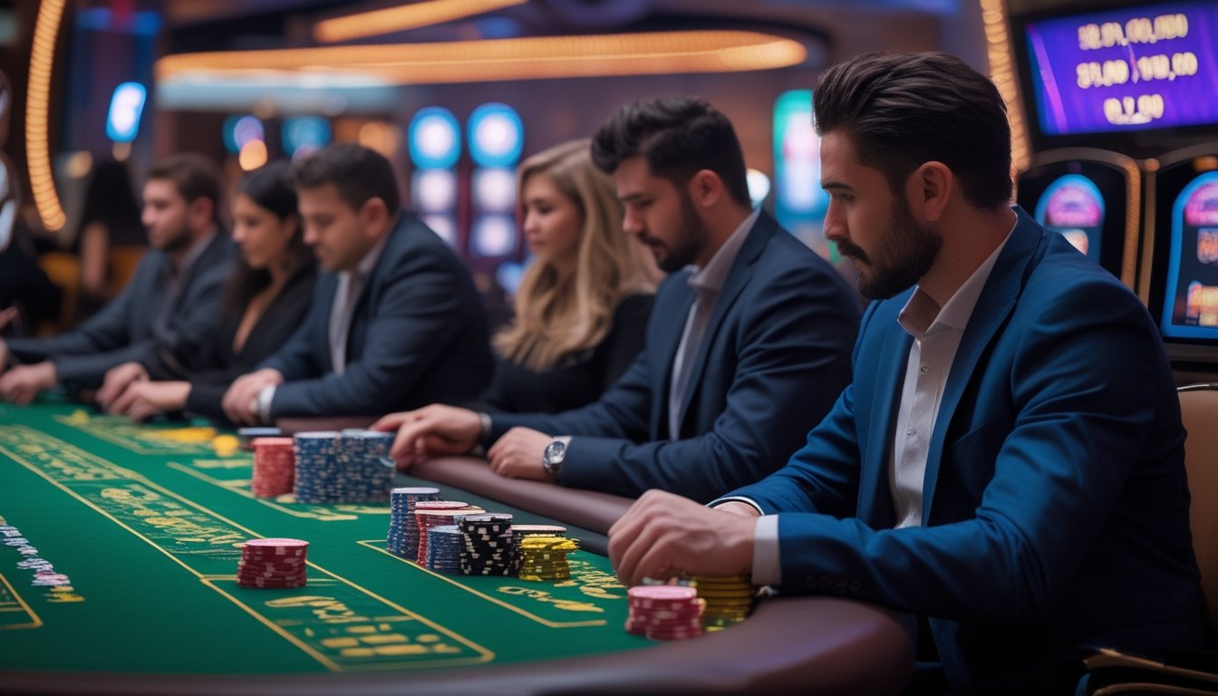 Meja poker dengan pemain yang sedang bermain, tumpukan chip dan kartu terlihat jelas di kasino yang terang dan ramai.