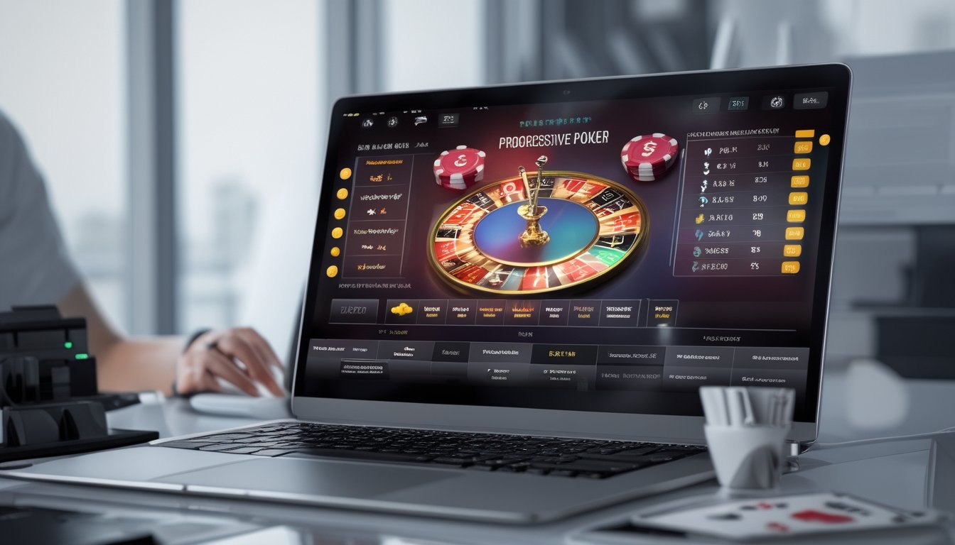 Seorang pemain duduk di depan komputer dengan permainan poker progresif di layar, dikelilingi oleh chip poker dan kartu, di ruangan yang terang dan rapi.