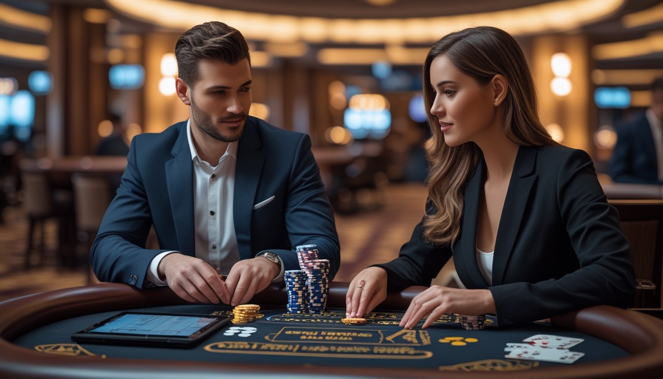 Seorang pria dan wanita duduk di meja kasino bermain War Poker dengan chip dan kartu, fokus pada permainan di lingkungan kasino yang mewah.