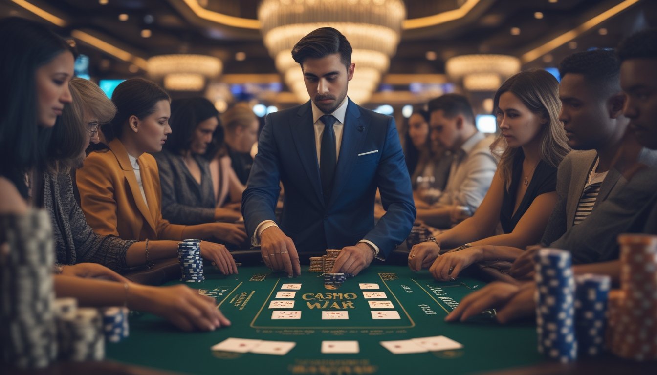 Seorang dealer dan pemain sedang bermain Casino War Poker di meja kasino dengan suasana profesional dan fokus.