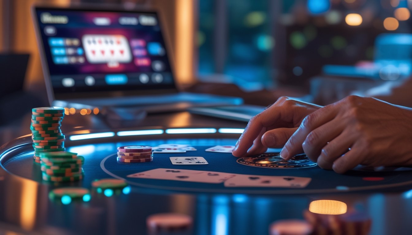 Meja poker digital dengan kartu dan chip poker di depan layar perangkat yang menampilkan permainan kasino online.
