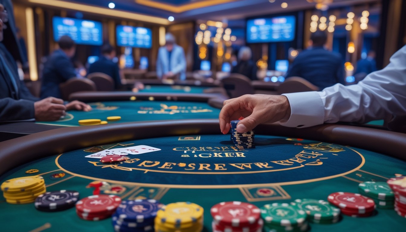 Suasana meja poker di kasino dengan pemain dan chip poker yang tertata rapi, menampilkan aktivitas permainan poker progresif dan Casino War Poker.