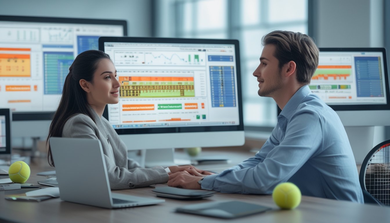 Seorang pria dan wanita muda sedang berdiskusi di kantor modern dengan layar komputer yang menampilkan grafik dan angka peluang taruhan tenis.
