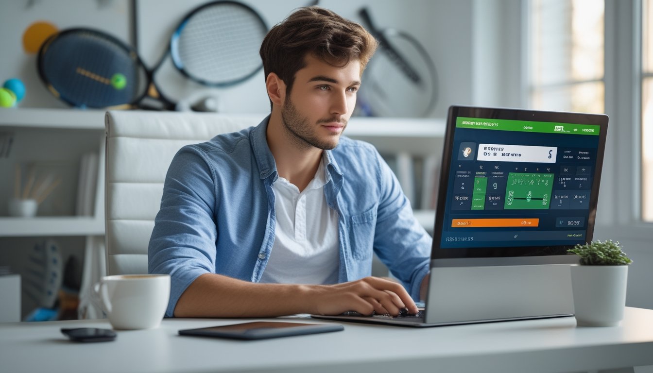 Seorang pria muda duduk di meja dengan laptop yang menampilkan statistik dan peluang taruhan tenis, di ruang kerja rumah dengan perlengkapan tenis di latar belakang.