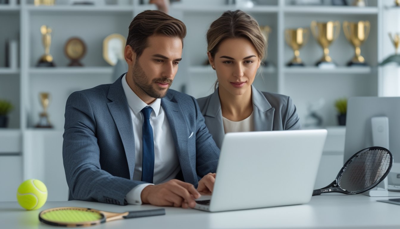 Seorang pria dan wanita duduk di meja kantor modern sambil melihat taruhan tenis online pada laptop dan tablet.