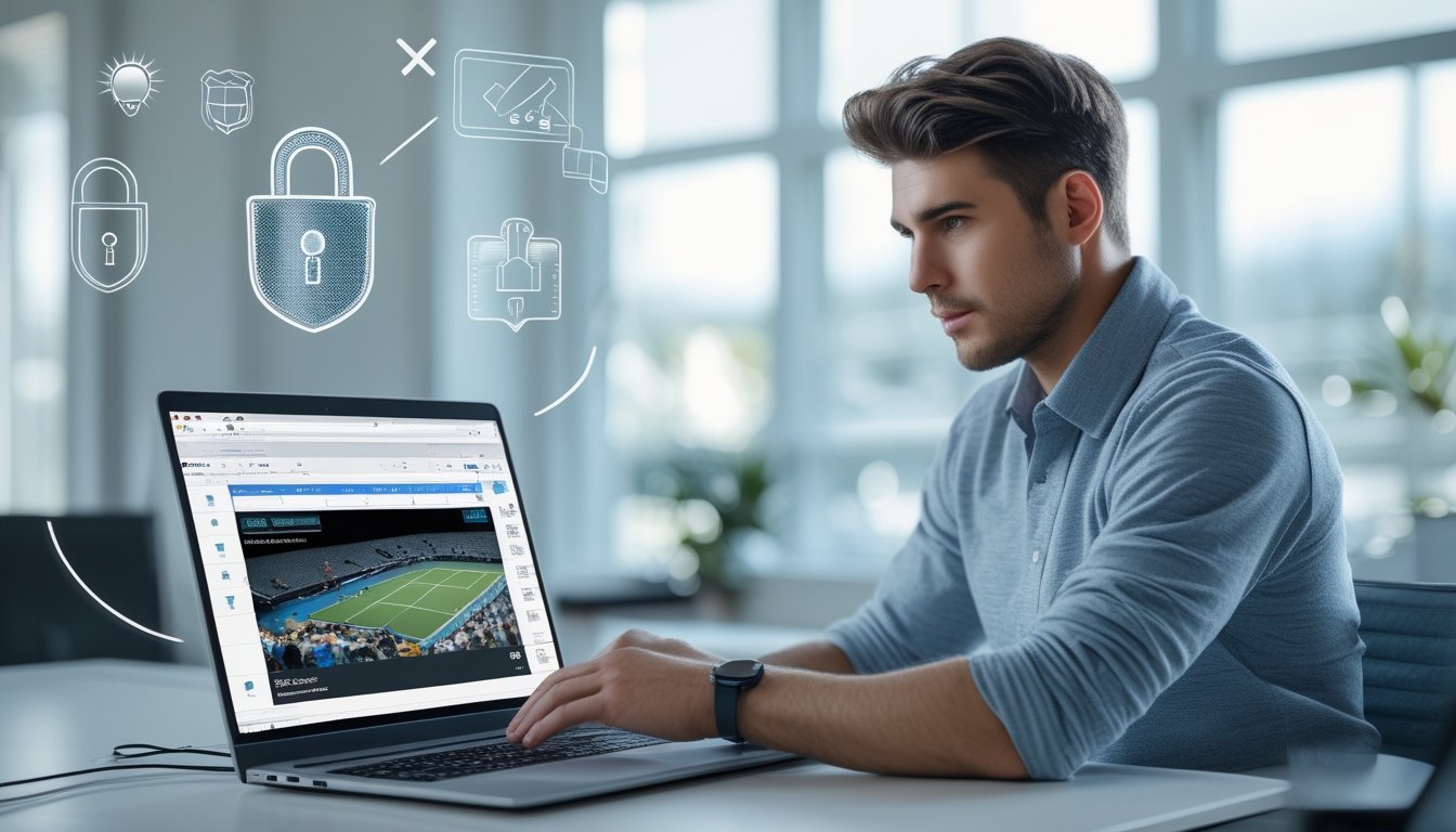 Seorang pria muda duduk di depan laptop yang menampilkan pertandingan tenis, dengan ikon keamanan digital di sekitarnya, di dalam ruangan kantor yang terang.