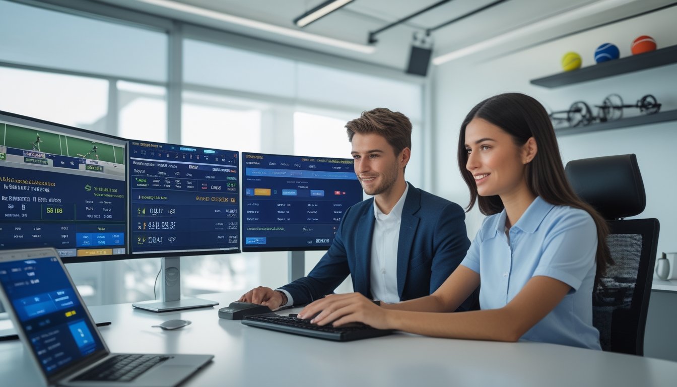 Dua orang muda duduk di meja dengan beberapa monitor yang menampilkan pertandingan tenis langsung dan data taruhan, di ruang kantor modern.
