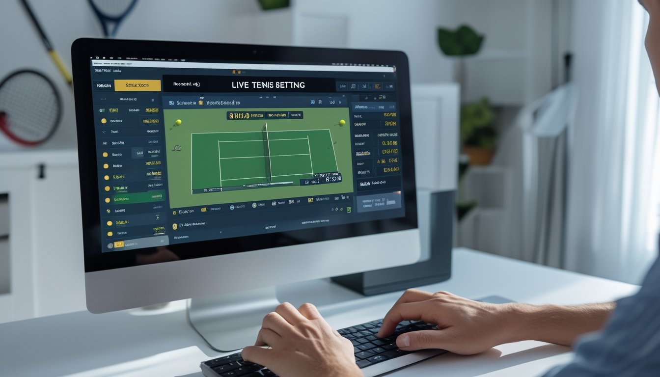 Seseorang menggunakan komputer di meja kerja dengan tayangan pertandingan tenis langsung dan tampilan taruhan di layar.