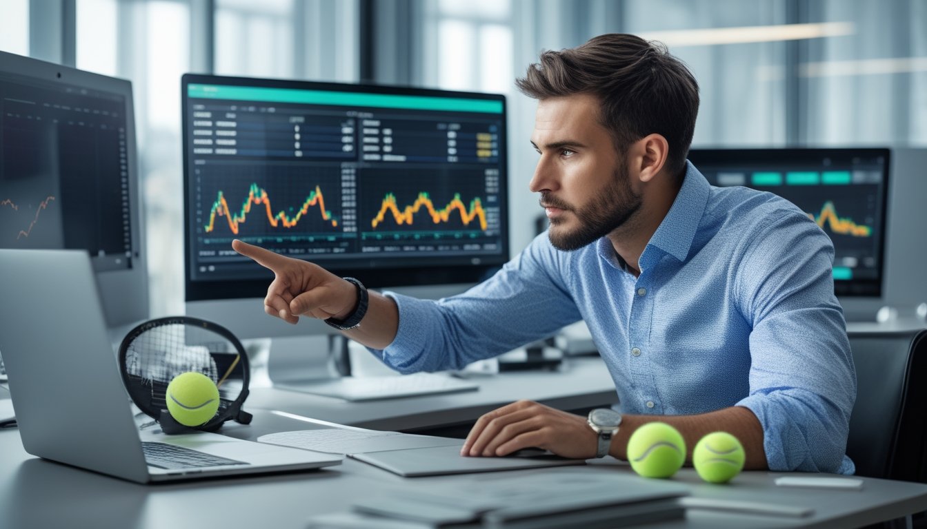 Seorang pria sedang menganalisis statistik pemain tenis di layar digital di sebuah kantor modern.