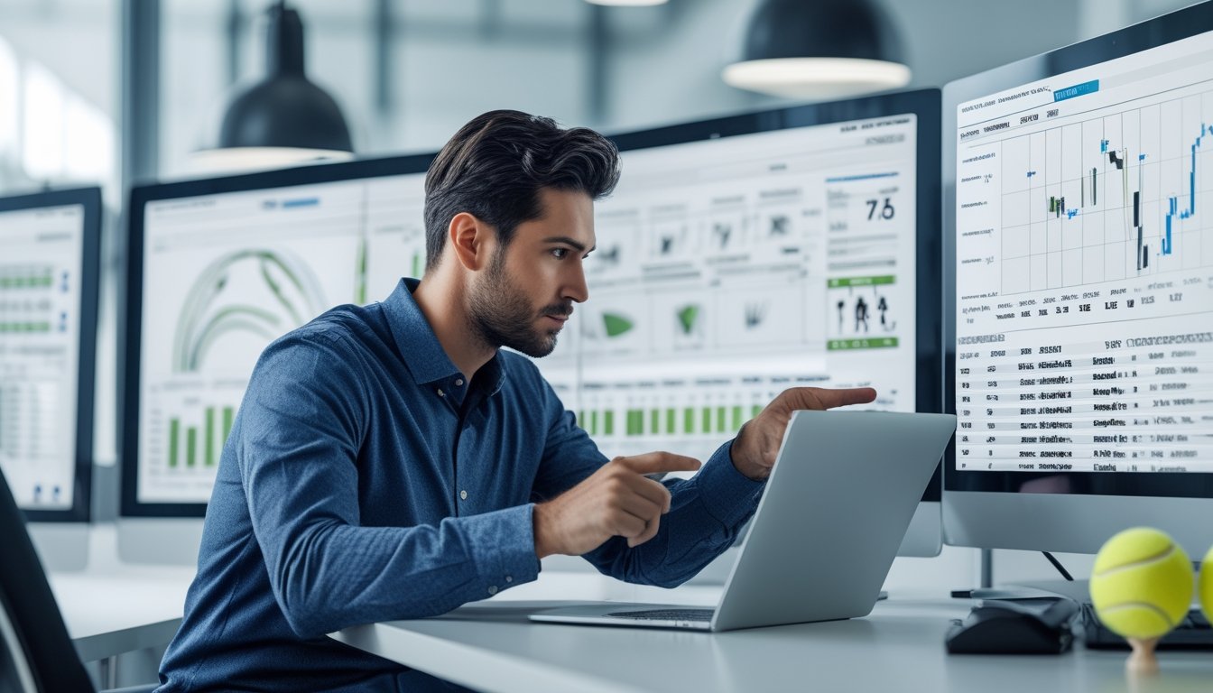 Seorang analis olahraga pria sedang memeriksa statistik pemain tenis di depan beberapa layar komputer di kantor modern.