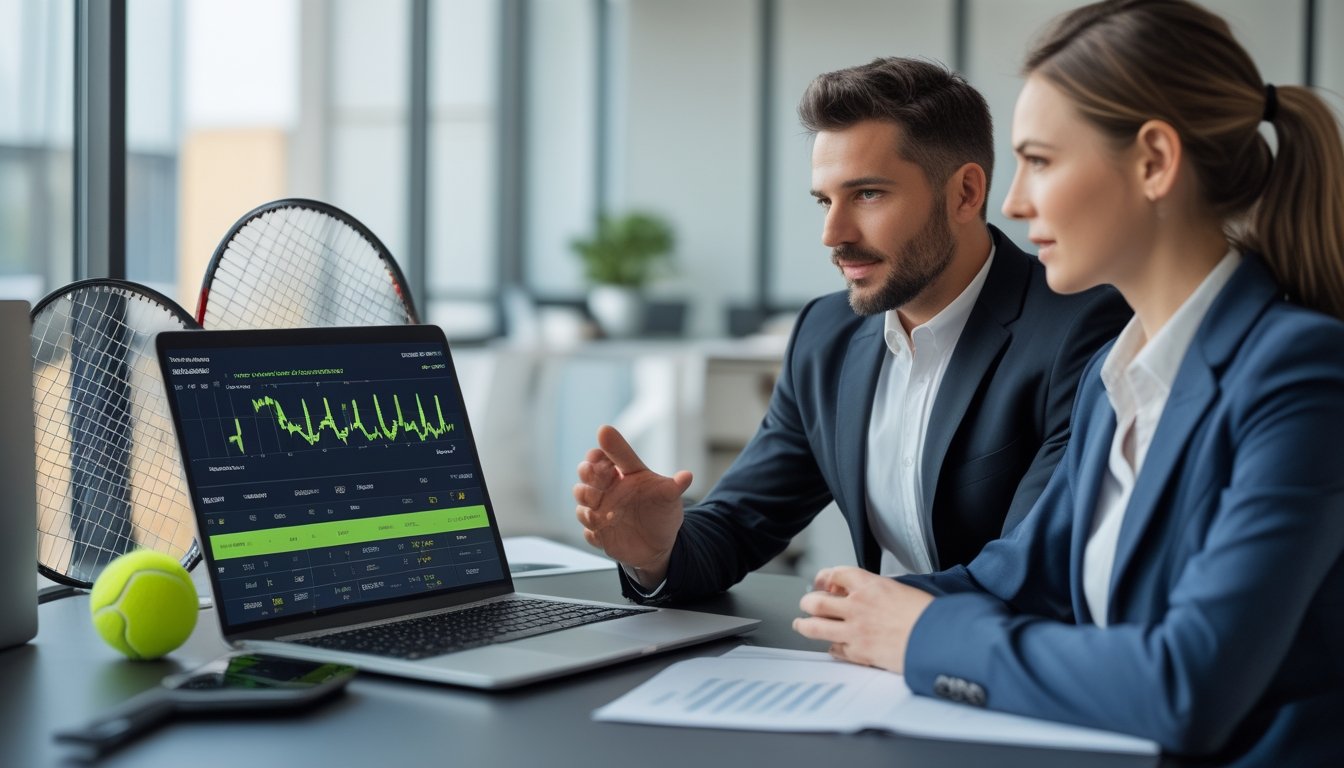 Dua profesional bisnis sedang berdiskusi di kantor modern dengan laptop yang menampilkan statistik taruhan tenis.