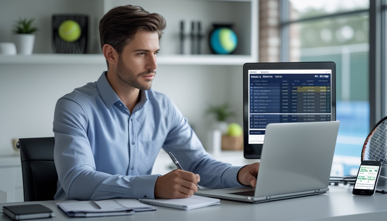 Seorang pria duduk di meja kantor dengan laptop dan catatan, menganalisis data pertandingan tenis sambil memegang pena.