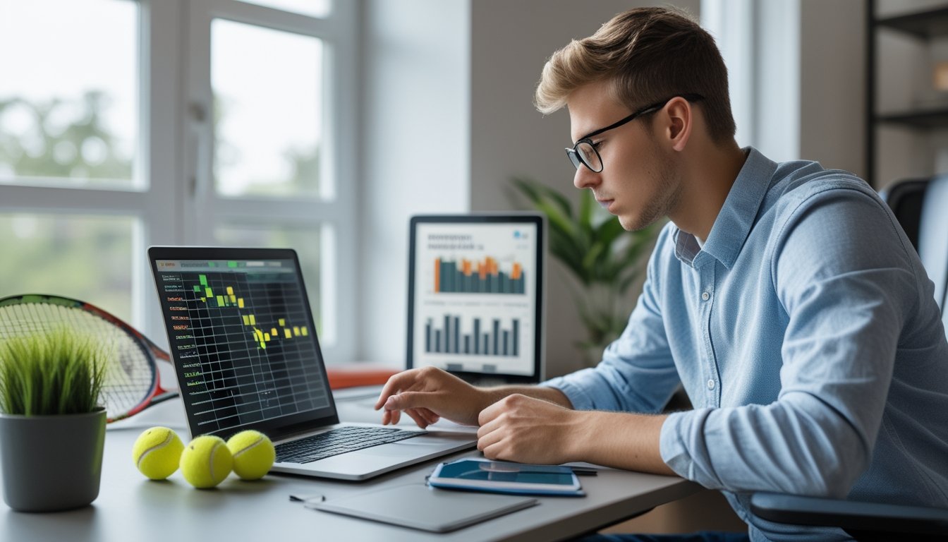 Seorang pria muda sedang fokus menganalisis statistik pertandingan tenis di laptop di ruang kerja rumah yang terang dengan raket tenis di meja.