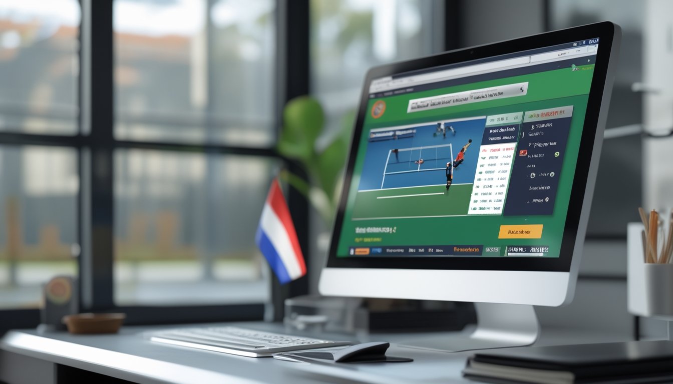 Seorang pengguna duduk di depan komputer dengan tampilan pertandingan tenis dan antarmuka taruhan online, di meja terdapat dekorasi kecil bertema Indonesia, latar belakang menunjukkan lapangan tenis.