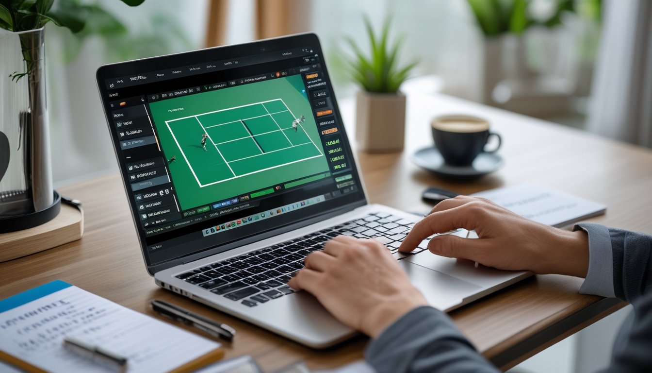 Meja kerja modern dengan laptop menampilkan pertandingan tenis, smartphone dengan peluang taruhan, dan alat tulis, menunjukkan suasana taruhan tenis online.