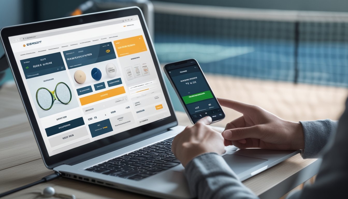 Seseorang menggunakan laptop dan smartphone untuk melakukan pendaftaran dan deposit di situs taruhan tenis dengan latar belakang elemen tenis.