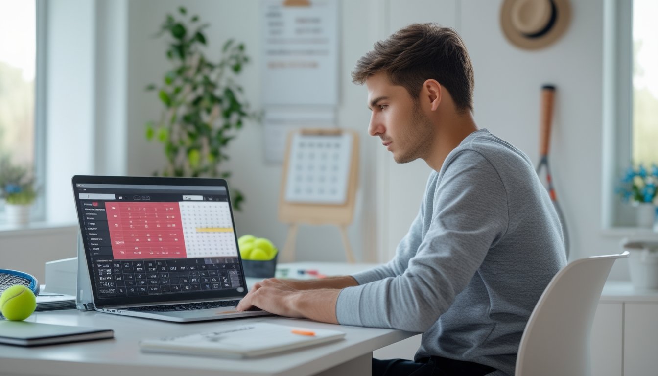 Seorang pria muda duduk di meja dengan laptop, sedang mempelajari statistik dan peluang pertandingan tenis di ruang kerja yang terang dan rapi.