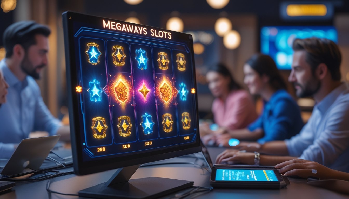 Orang-orang menggunakan laptop dan ponsel untuk bermain slot Megaways dengan simbol wild dan scatter di layar mesin slot.