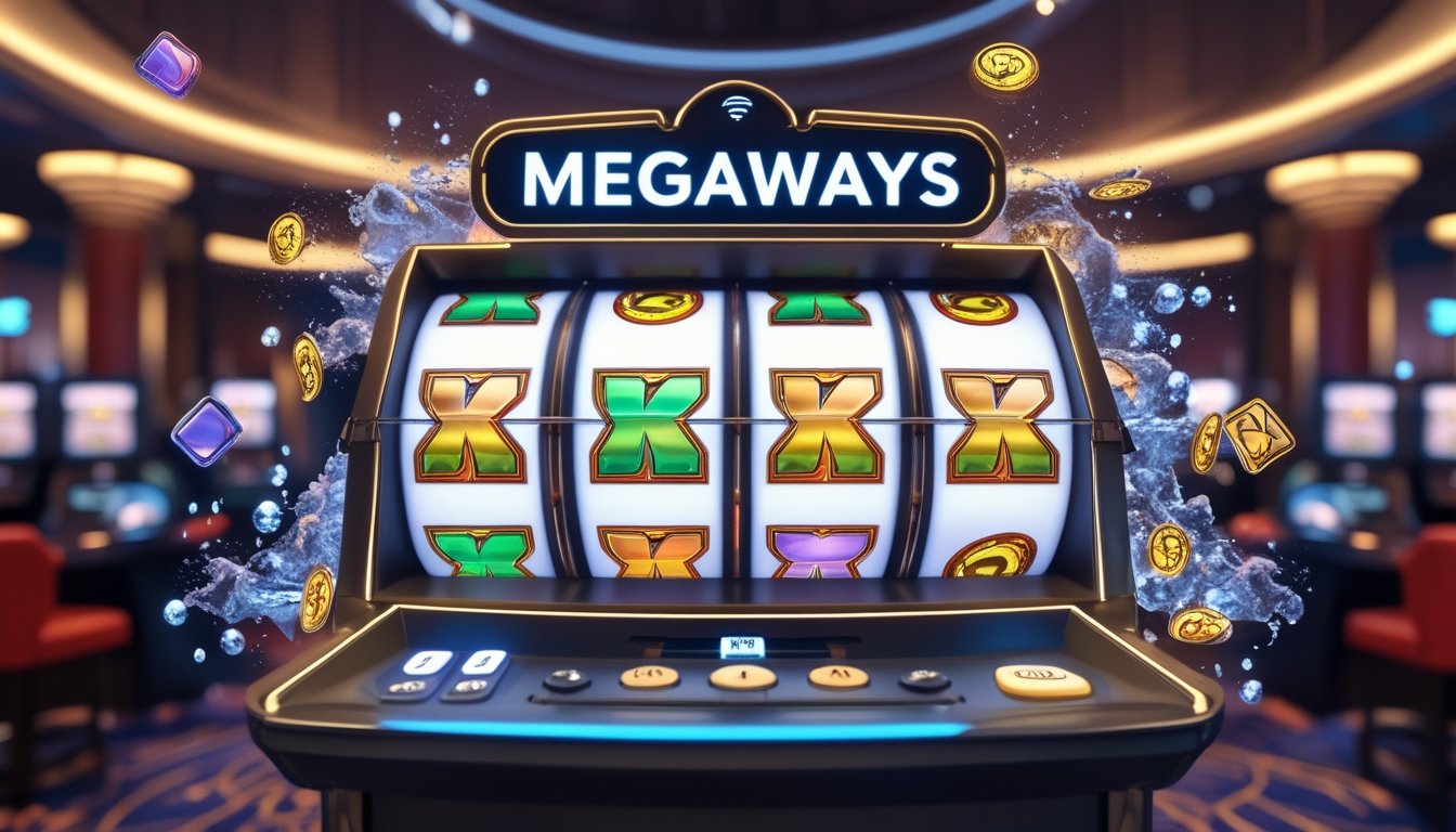 Mesin slot digital dengan simbol wild dan scatter yang menonjol dalam suasana kasino modern.