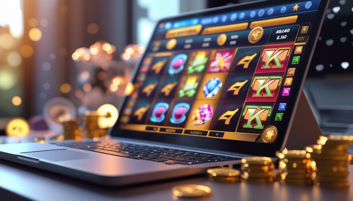 Tampilan dekat layar komputer yang menampilkan permainan slot dengan simbol wild dan scatter, dikelilingi koin emas dan permata di atas meja.