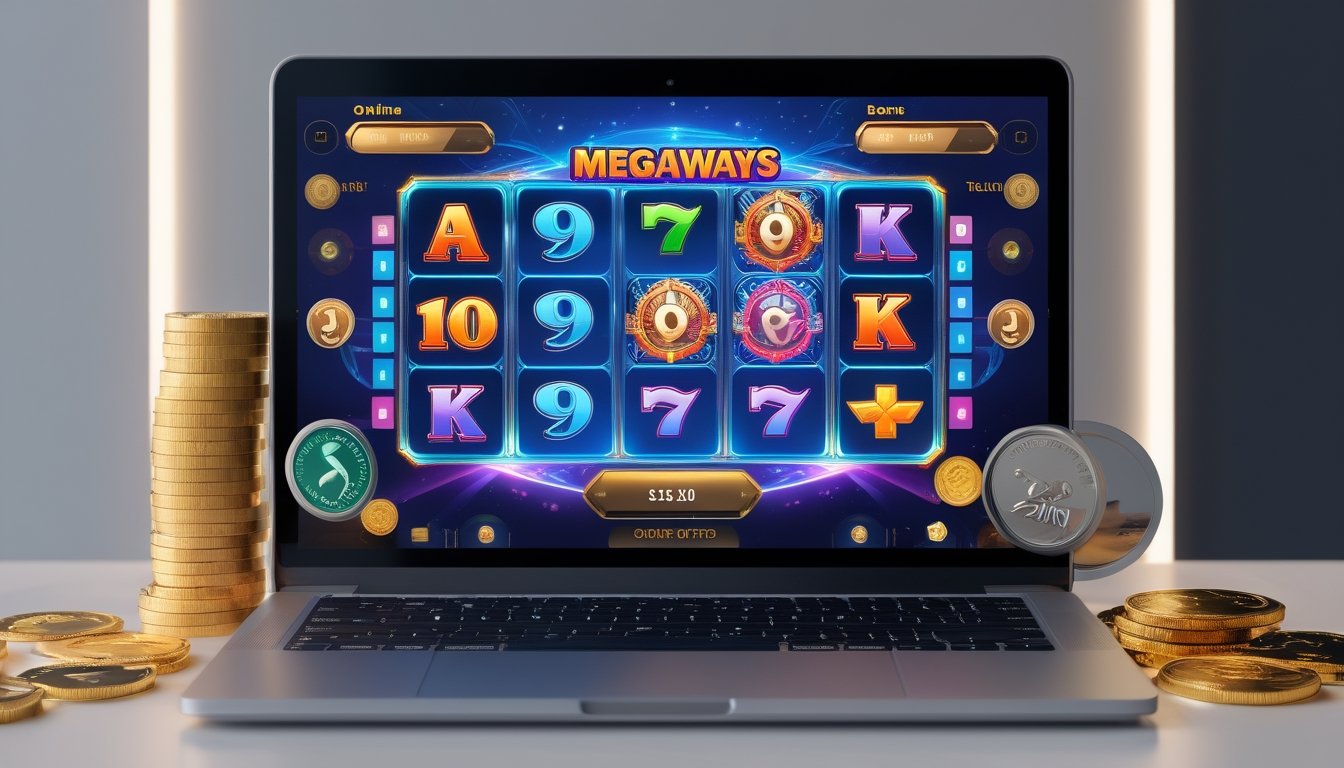 Layar komputer menampilkan permainan slot online Megaways dengan simbol wild dan scatter serta koin digital di sekitarnya.