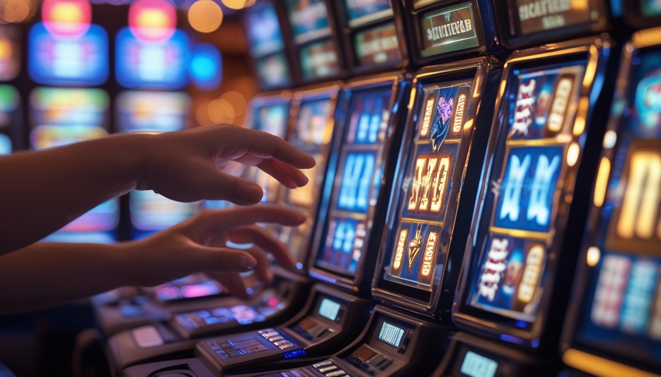 Seorang pemain sedang bermain mesin slot Megaways dengan simbol wild dan scatter yang terlihat jelas di layar mesin.