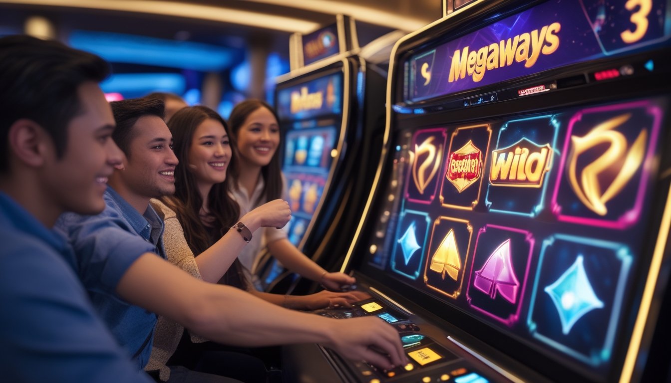 Orang-orang sedang bermain mesin slot di kasino dengan simbol wild dan scatter yang terlihat jelas di layar.