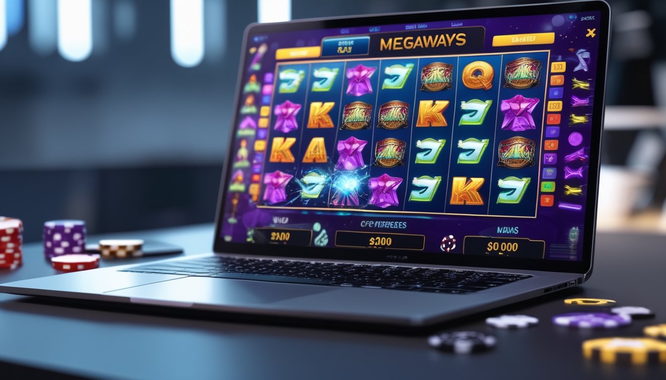 Layar komputer menampilkan permainan slot Megaways dengan simbol Wild dan Scatter yang menonjol, dikelilingi oleh chip poker dan kartu remi.