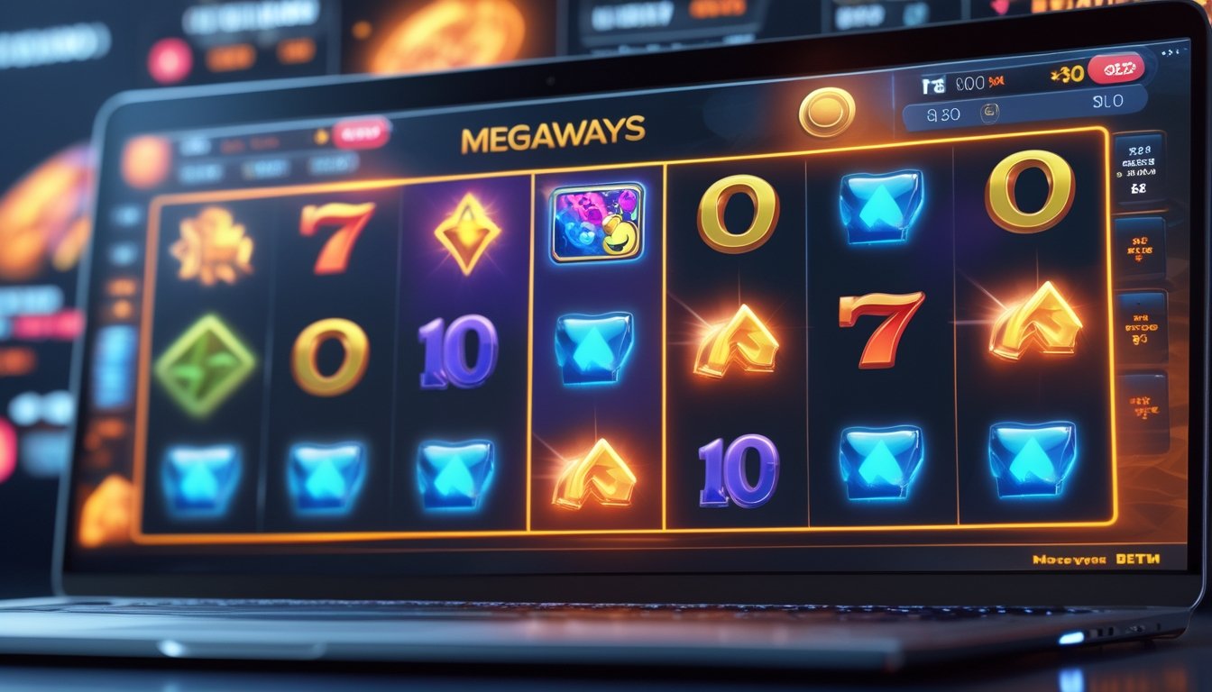 Layar perangkat digital menampilkan permainan slot Megaways dengan simbol wild dan scatter yang menonjol dalam suasana taruhan online.
