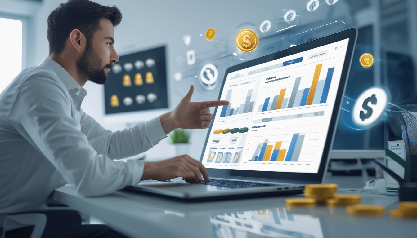 Seorang profesional sedang duduk di meja kantor modern sambil melihat layar laptop yang menampilkan grafik dan data terkait permainan slot online.