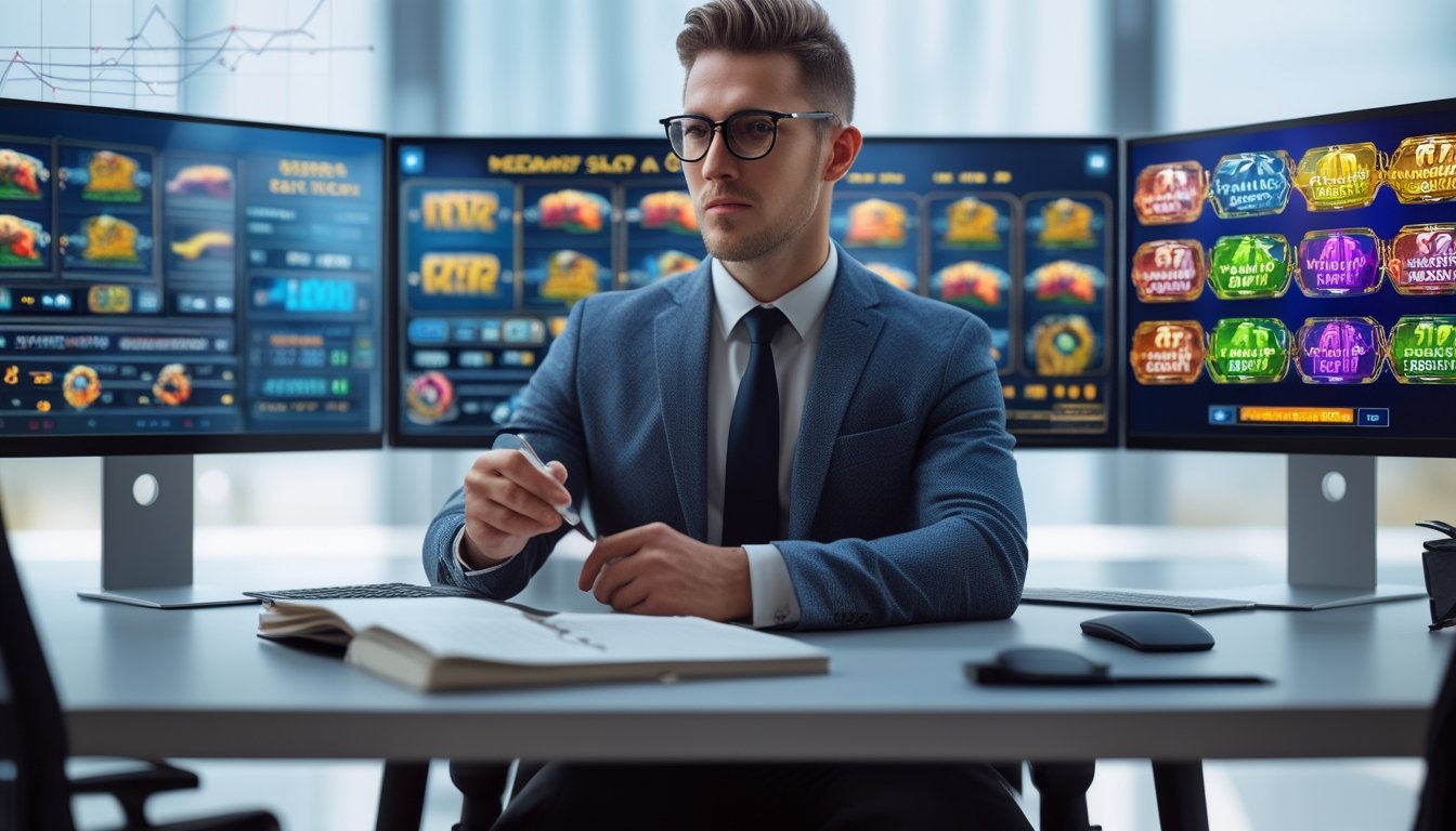 Seseorang duduk di meja modern dengan beberapa layar komputer menampilkan permainan slot Megaways, sedang menganalisis data dengan serius di ruang kantor yang terang dan rapi.