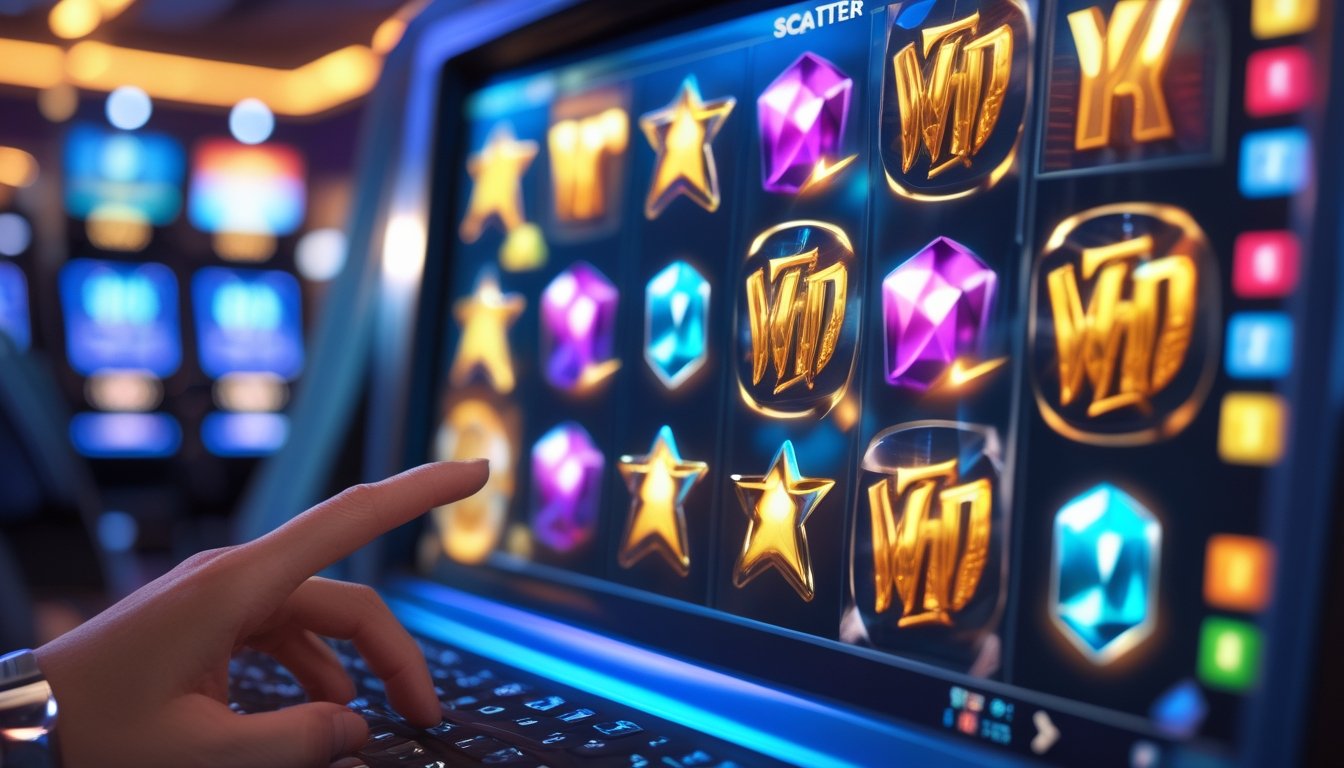 Tampilan layar permainan slot online dengan simbol liar dan pencar yang mencolok, di latar belakang suasana kasino modern.